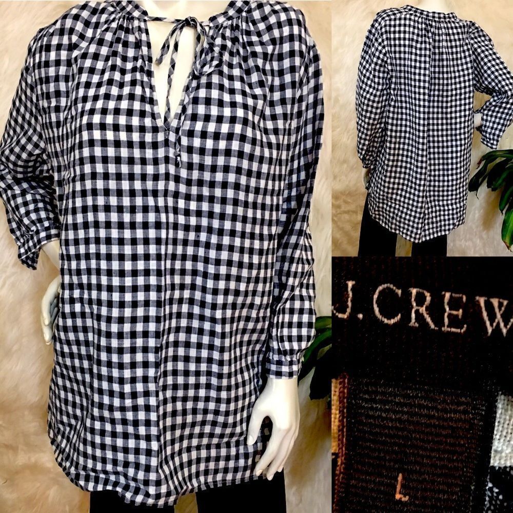 J.Crew %100 Linen pull over key hole Gingham Top‎